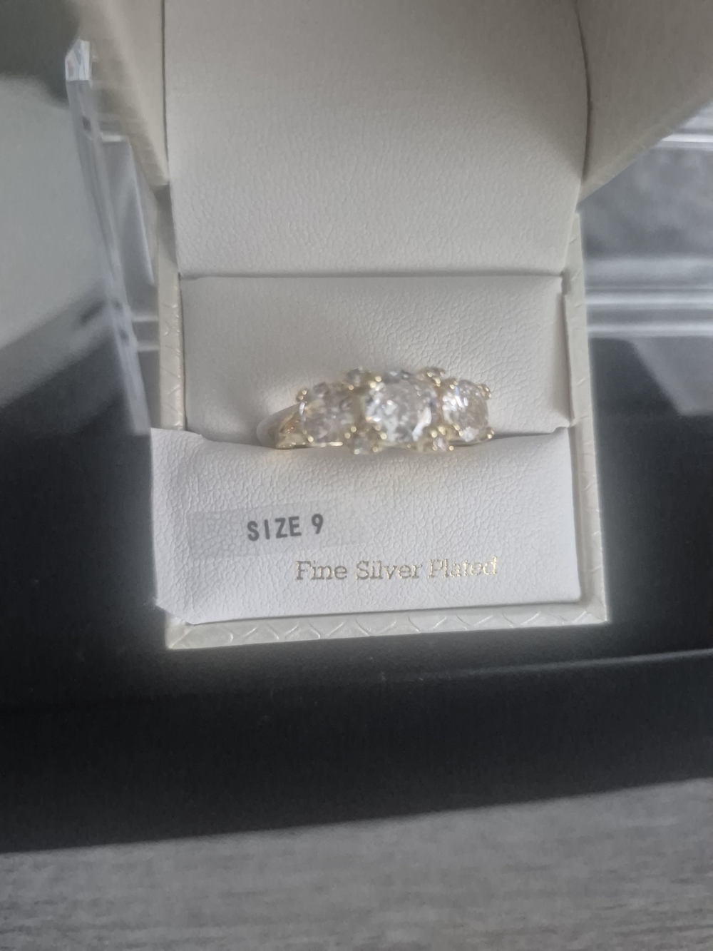 Classic Three-Stone Gold-Plated Ring with Clear Stones - Size 9